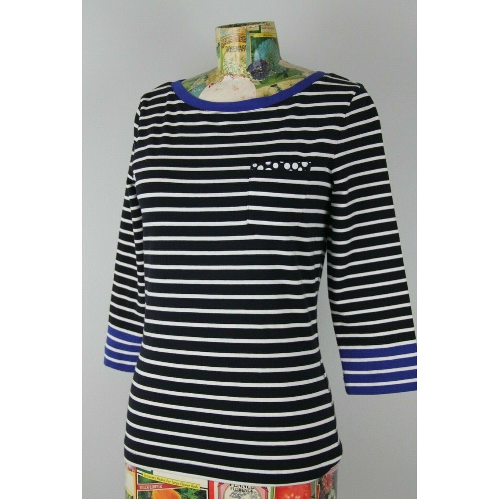 Designer BASLER Women's Black White Blue Stripe 3/4 Sleeves Top 34 US S #565
